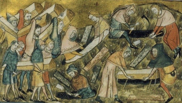 Pestopfer, Chronik von Gilles Li Muisis, um 1350, Bibliothèque Royale de Belgique, Brüssel