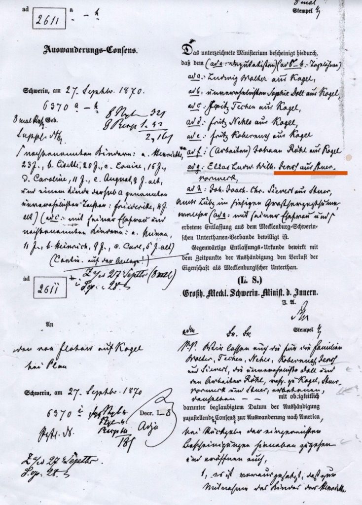 Auswanderungsconsens Sept.1870, vier Tage nach formulierter Antragstellung erteilt
