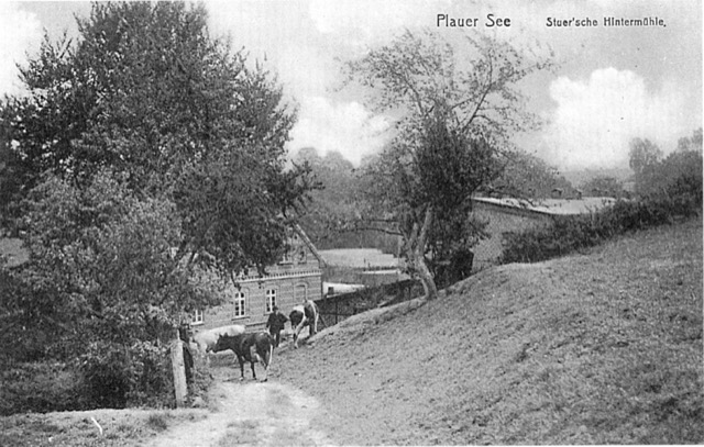 Stuer Hintermühle, Postkarte um 1900, gelaufen 1913,inzw.zum Straßenbau abgetragener Hügel