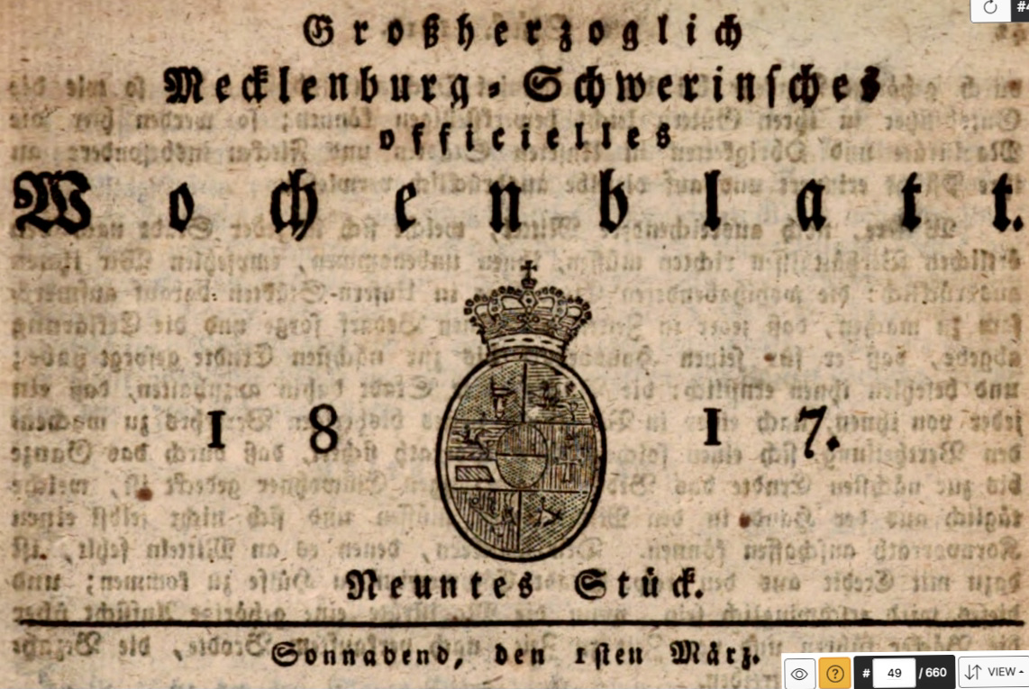 Eine Titelseite, „Grossherzoglich Mecklenburg-Schwerinisches officielles Wochenblatt“, 1817