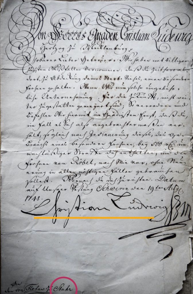 Brief der Herzoglichen Verwaltung nach Stuhr(!),19.8.1748, mit Unterschrift des Herzogs