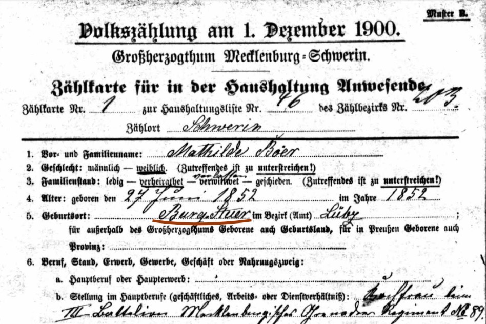 Geboren auf Burg Stuer, ein Geburtshinweis von 1852,Volkszählung von 1900
