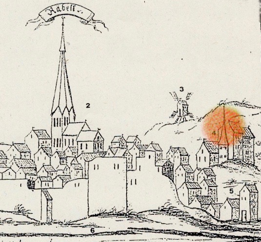 Röbel, mit Schloß (4) der Fürsten von Werle, heute Windmühlenberg, ohne Jahr, Tuschzeichnung aus der Universität Rostock, Ausschnitt