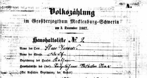Volkszählung 1867 Stuer-Vorwerk Katen 2 Haushalt Jens