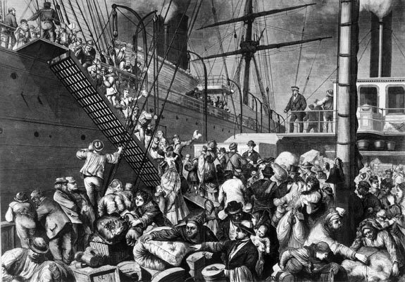 German emigrants boarding1850 a ship in Hamburg