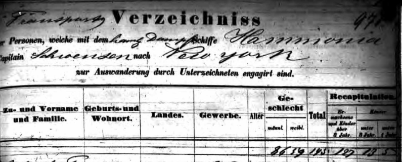 Kopfzeile Passagierliste Dampfschiff "Hammonia ",31.10.1857
