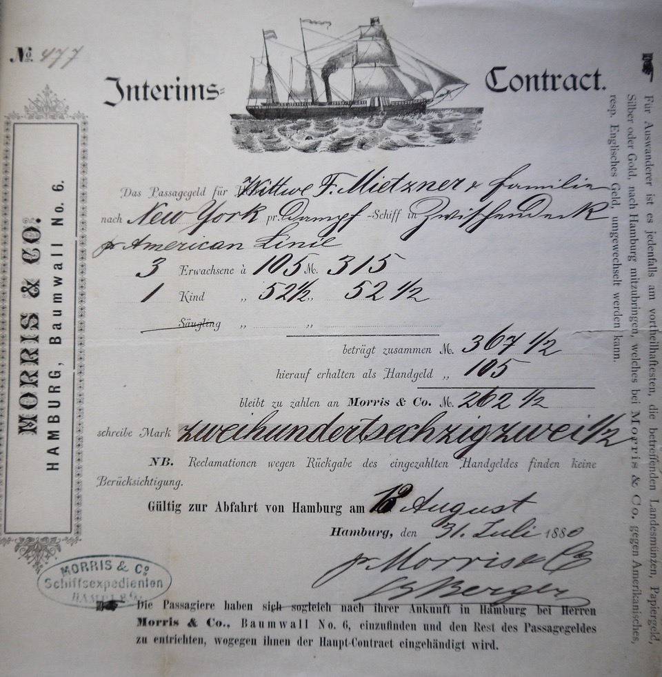 Auswandererreise-Vertrag einer Agentur in Röbel, 1880