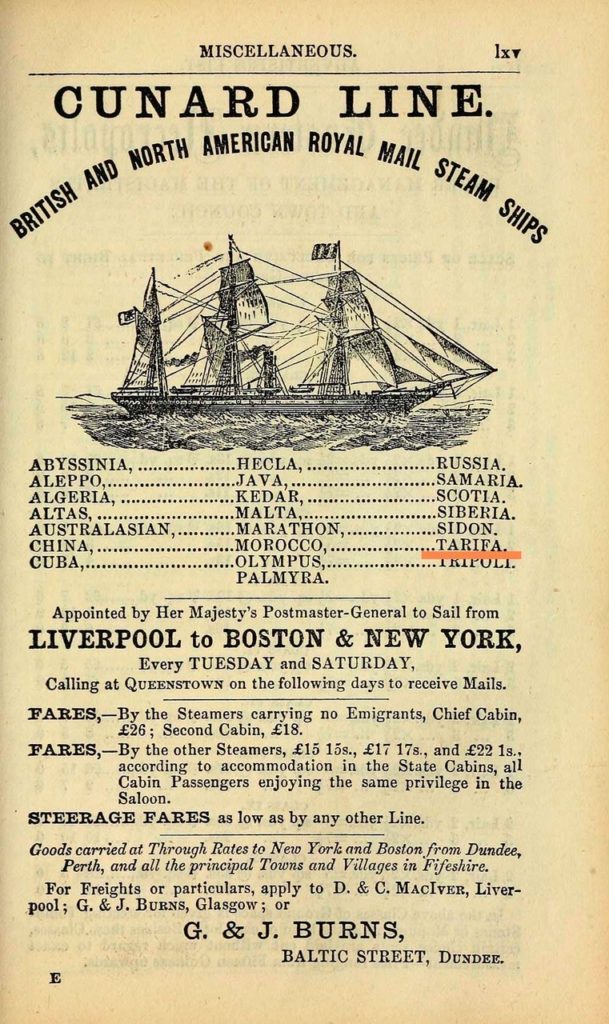 Cunard Line, u.a. Tarifa