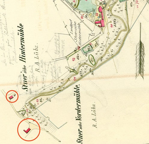 Detail aus: Plan von den zur Wasserheilanstalt Stuer vererbpachteten Ländereien, kopiert nach der Stuerschen Charte de 1875 i. Jahre 1878, LHA SN 5.12-9/9, Nr.4039a