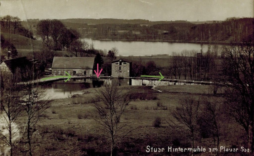 Stuersche Korn-Hintermühle, Postkarte um 1910, Nühlrad und Wegeführung