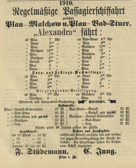 Passagierverkehr auf dem Plauer See in der Saison 1910,Malchower Tageblatt,14.5.1910