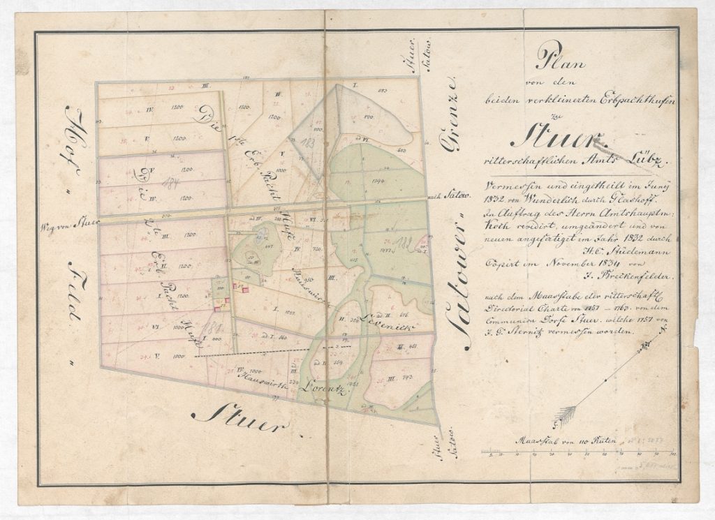 Plan von den beiden verkleinerten Erbpachthufen zu Stuer von 1832, kopiert 1854