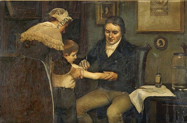 Edward Jenner bei der ersten Impfung gegen Pocken, die er am 14. Mai 1796 durchführt, Gemälde von Ernest Board (1877-1934) (Quelle: images.wellcome.ac.uk)