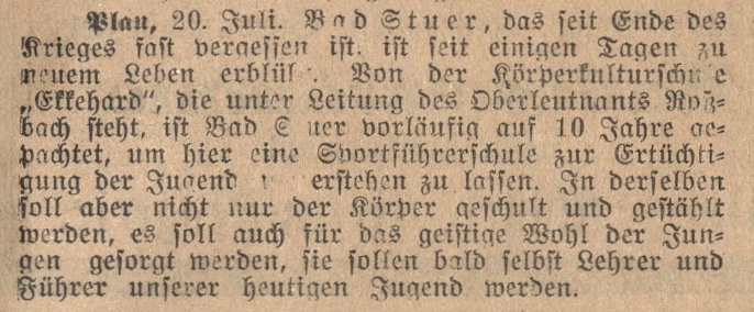Zeitungsnotiz,Malchower Tageblatt, 20.Juli 1927, Jugendtraining von Roßbach (Freikorps) in Bad Stuer