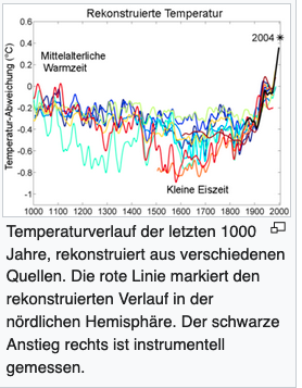 Temperaturverlauf der letzten 1000 Jahre, rekonstruiert aus verschiedenen Quellen. Die rote Linie markiert den rekonstruierten Verlauf in der nördlichen Hemisphäre.